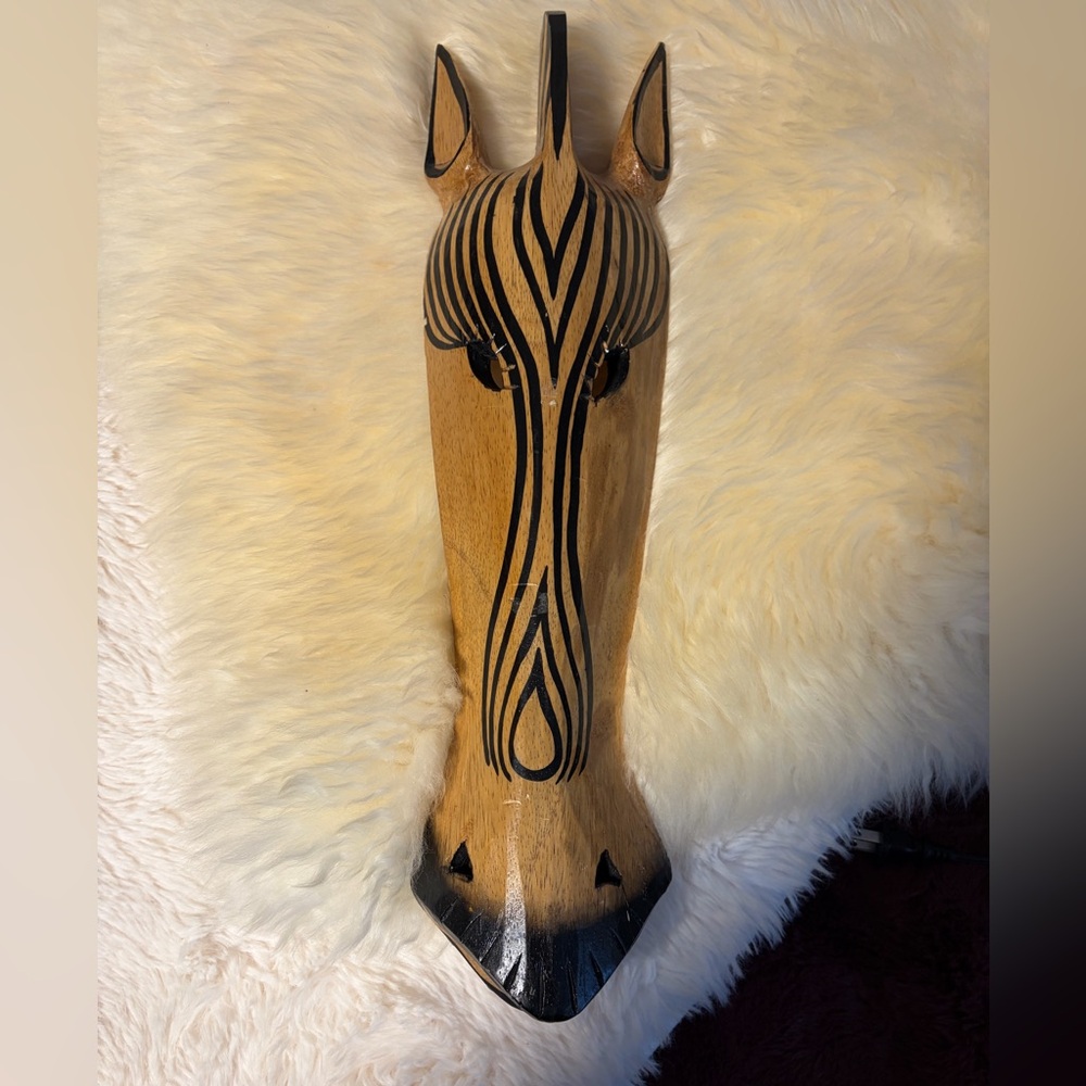 Hand-Carved Zebra Wall Mask - Natural Wood & Black